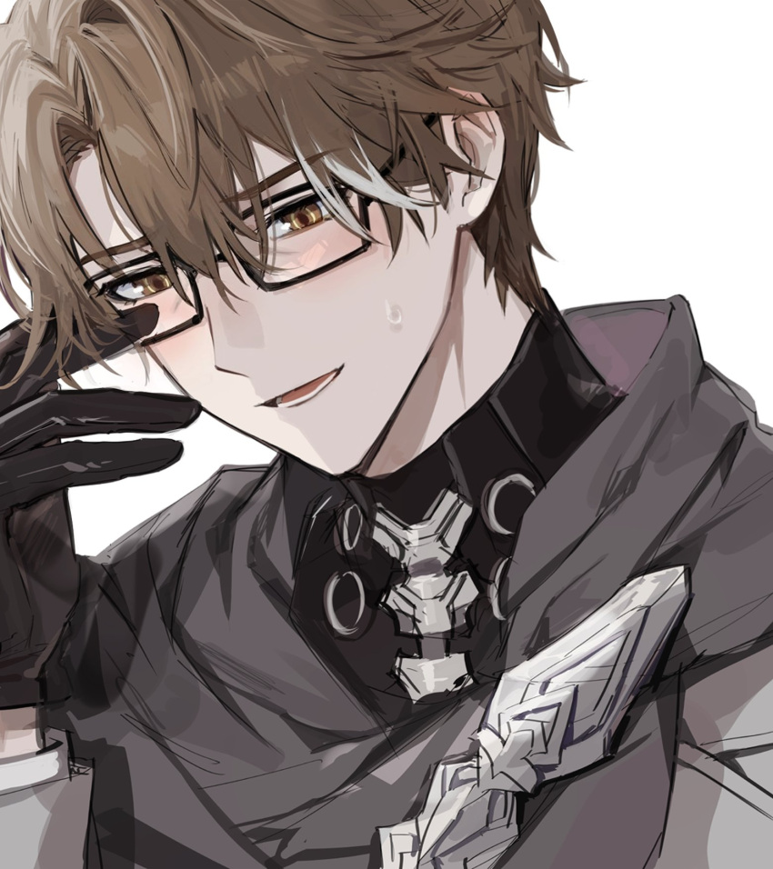 1boy black-framed_eyewear black_gloves black_shirt brown_eyes brown_hair fractalmagnolia gloves grey_jacket hair_between_eyes hair_intakes highres honkai:_star_rail honkai_(series) jacket light_blush looking_down male_focus multicolored_hair open_mouth shirt short_hair simple_background smile solo streaked_hair sweatdrop turtleneck welt_yang white_background