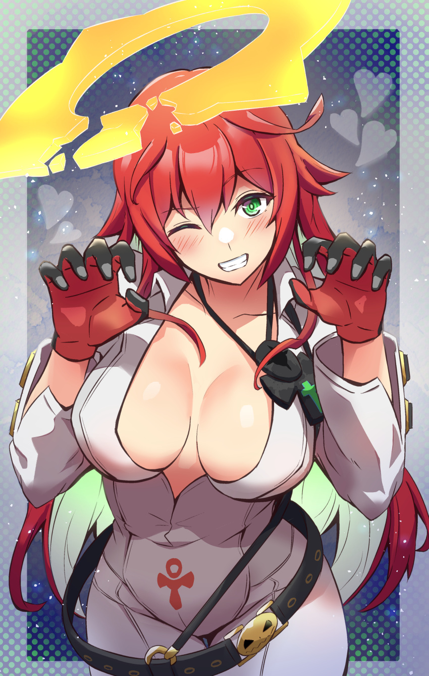 1girl absurdres ankh_print belt black_gloves blush bodysuit breasts breasts_apart broken_halo claw_pose collarbone collared_jumpsuit colored_inner_hair contrapposto cowboy_shot dithered_background gloves green_eyes green_hair grin guilty_gear guilty_gear_strive halo hashihiro_ko head_tilt heart heart_background highres jack-o'_valentine large_breasts long_hair long_sleeves looking_at_viewer loose_belt multicolored_hair one_eye_closed partially_unzipped red_gloves red_hair smile solo two-tone_gloves white_bodysuit yellow_halo