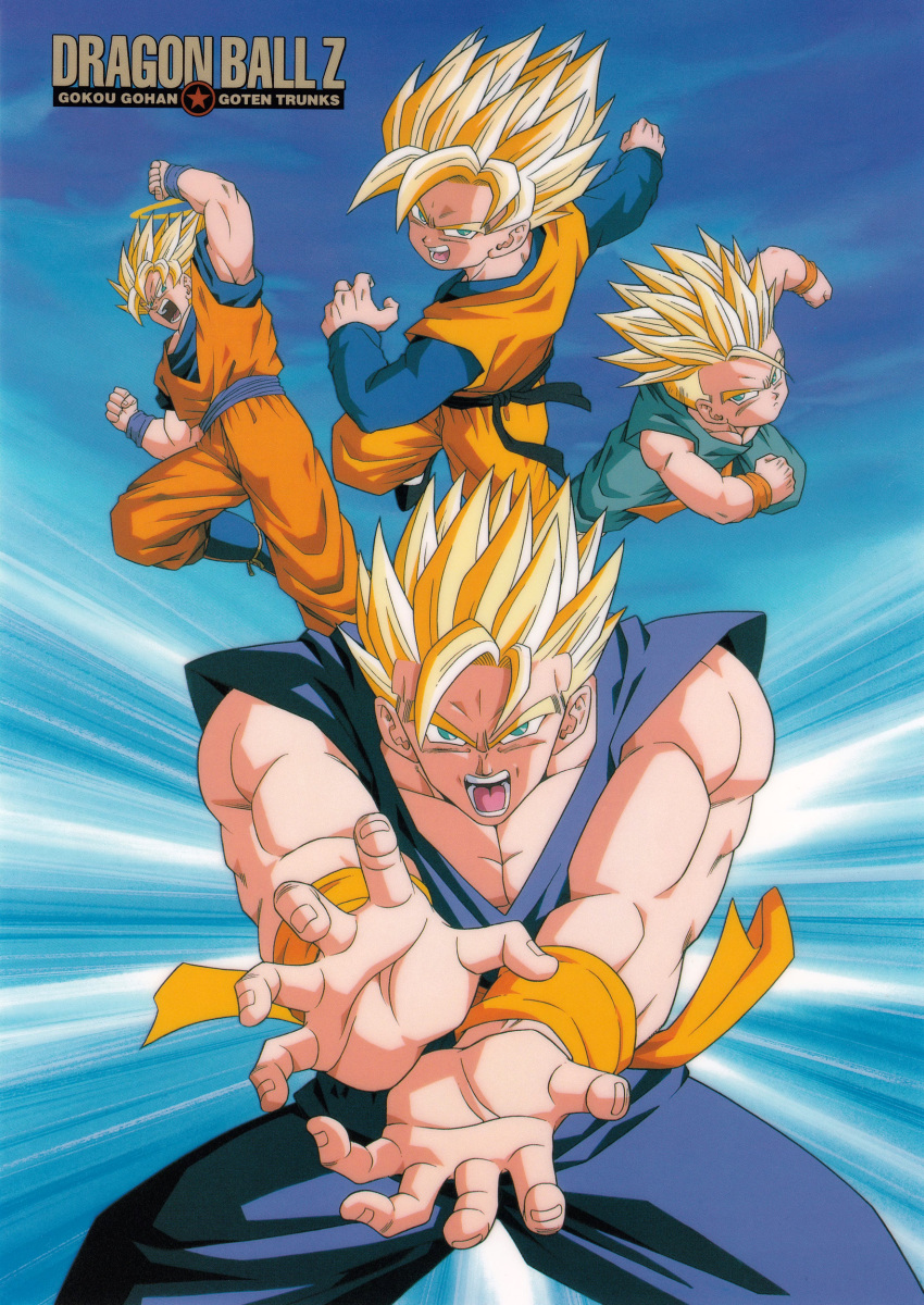 1990s_(style) 4boys absurdres aqua_eyes arm_up blonde_hair blurry blurry_background brothers character_name copyright_name dougi dragon_ball dragon_ball_z father_and_son halo highres kamehameha_(dragon_ball) long_sleeves male_focus multiple_boys muscular muscular_male non-web_source official_art open_mouth outstretched_arms retro_artstyle saiyan scan serious short_sleeves siblings sleeveless son_gohan son_goku son_goten spiked_hair super_saiyan trunks_(dragon_ball) wrist_cuffs