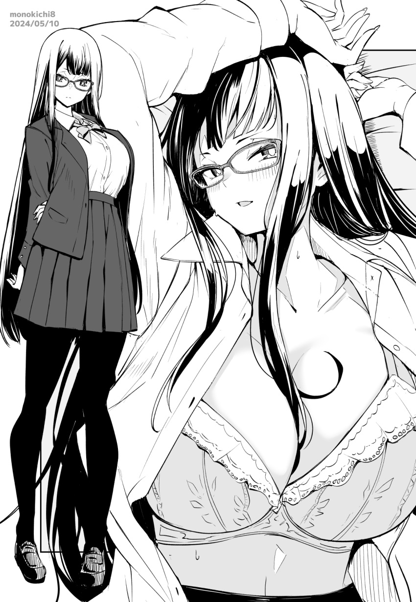 1girl absurdly_long_hair artist_name blush bra breasts cleavage collarbone commentary_request copyright_request dated full_body glasses grey_background greyscale highres kichihachi large_breasts loafers long_hair long_sleeves looking_at_viewer lying monochrome multiple_views on_back open_clothes open_shirt original pantyhose pleated_skirt shoes skirt standing sweat two-tone_background underwear very_long_hair white_background