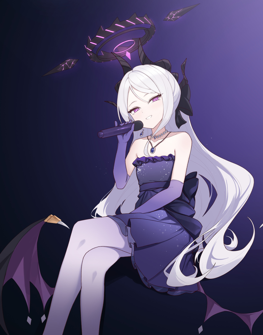 1girl absurdres black_horns black_wings blue_archive demon_horns demon_wings dress elbow_gloves fan_screaming_at_madison_beer_(meme) feet_out_of_frame gloves grin halo highres hina_(blue_archive) hina_(dress)_(blue_archive) holding holding_microphone horns long_hair meme microphone multiple_horns official_alternate_costume official_alternate_hairstyle purple_dress purple_eyes purple_gloves purple_thighhighs smile solo strapless strapless_dress thighhighs white_hair wings yozora_(1wkdgusdn)