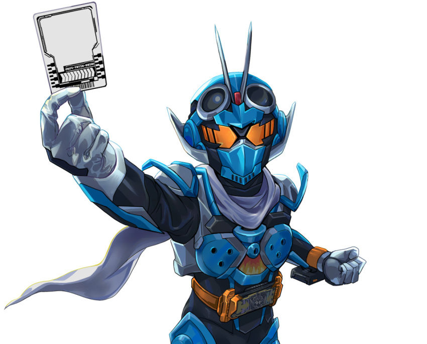 1boy armor black_bodysuit blue_armor bodysuit card clenched_hand driver_(kamen_rider) gloves goggles goggles_on_head gotcha_driver helmet holding holding_card huujyu kamen_rider kamen_rider_gotchard kamen_rider_gotchard_(series) looking_at_viewer male_focus orange_eyes rider_belt rider_chemi_card scarf simple_background solo steam_hopper tokusatsu upper_body white_background white_gloves white_scarf