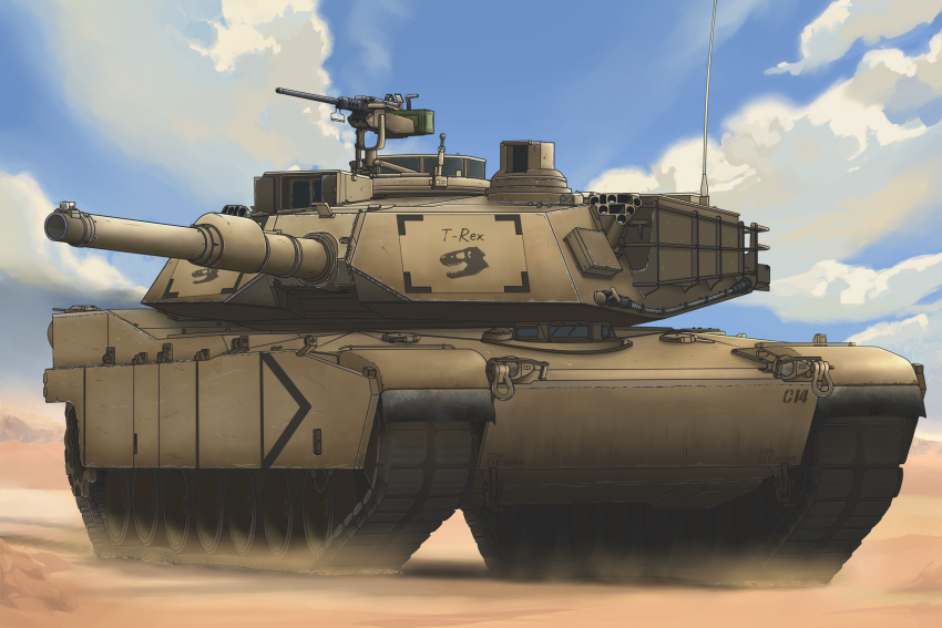 browning_m2 cannon desert gun hattorin heavy_machine_gun highres m1_abrams machine_gun military military_vehicle motor_vehicle no_humans original sky tank tyrannosaurus_rex united_states_army vehicle_focus weapon