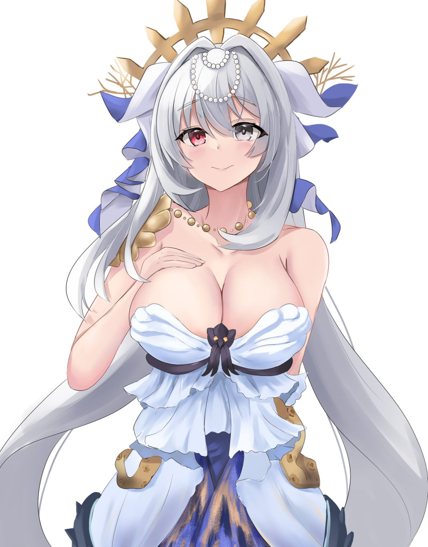 1girl alchemy_stars armpit_crease breasts cleavage closed_mouth connolly_(alchemy_stars) connolly_(aquatic_reverie)_(alchemy_stars) dress eyebrows_hidden_by_hair grey_eyes grey_hair hair_between_eyes hand_on_own_chest heterochromia highres jewelry large_breasts light_blush long_hair looking_at_viewer namomihagi010 necklace pearl_hair_ornament pearl_necklace red_eyes simple_background smile solo strapless strapless_dress twintails upper_body very_long_hair white_dress