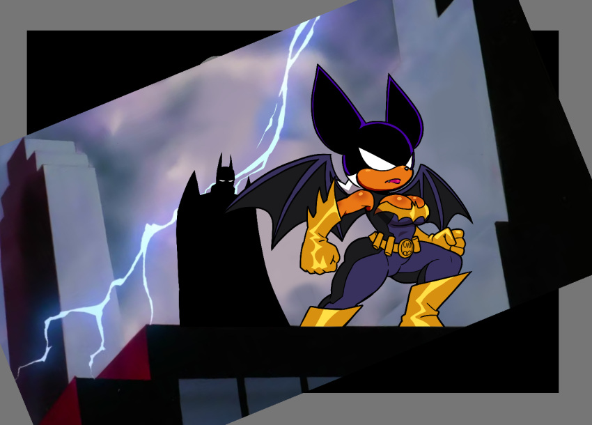 anthro bat batman batman_(series) being_watched breasts cleavage clothed clothing cosplay crossover crossover_cosplay dc_comics duo electricity female footwear gloves handwear lightning lipstick looking_at_another makeup male mammal mask membrane_(anatomy) membranous_wings orange_body orange_skin rouge_the_bat sega silhouette sonic_the_hedgehog_(series) voideyedpanda wings