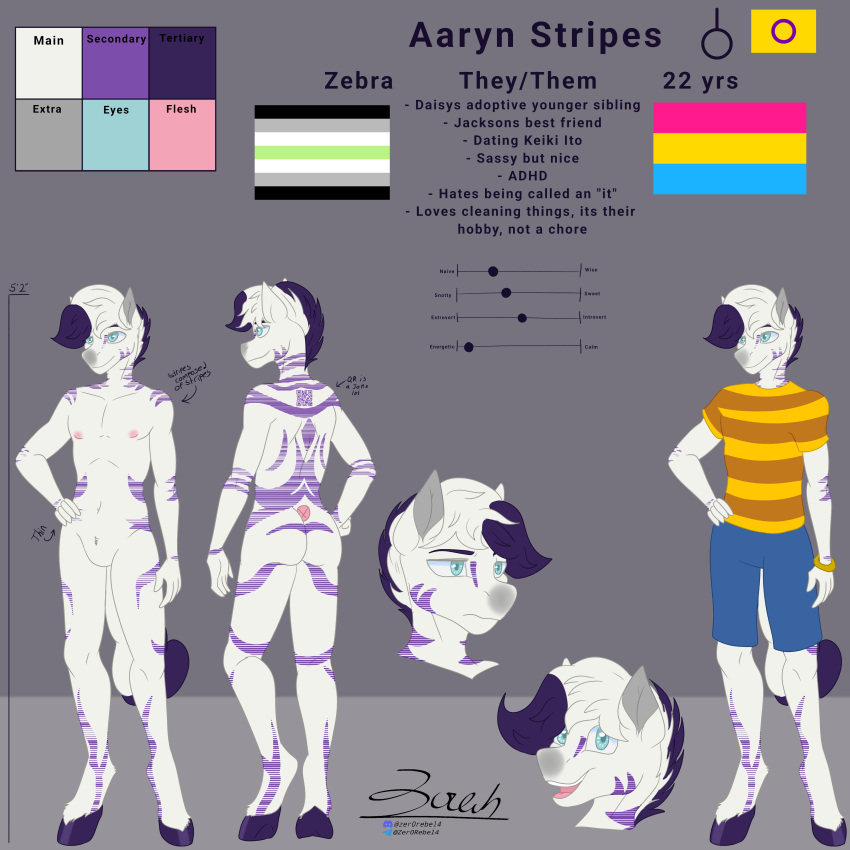 2024 aaryn_(zer0rebel4) absurd_res agender agender_pride_colors agender_symbol ambiguous_gender anthro blue_eyes bottomwear bracelet butt clothed clothing detailed_pattern discord_(app) english_text equid equine featureless_crotch flat_colors frown fur gender_symbol hair hi_res hooves intersex_pride_colors intersex_symbol jewelry lgbt_pride lgbt_pride_month mammal markings model_sheet nipples nonbinary_(lore) nude null pansexual_pride_colors pride_colors pronouns purple_body purple_fur purple_hair purple_markings qr_code qr_code_tattoo shirt shorts slim smile solo striped_markings stripes symbol t-shirt telegram text topwear unguligrade unguligrade_anthro white_body white_fur white_hair zebra zer0rebel4