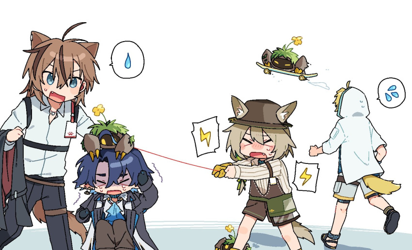 &gt;_&lt; 1girl 3boys ahoge animal_ears arknights beanstalk_(arknights) black_footwear black_gloves black_pants blonde_hair blue_eyes blue_hair brown_hair brown_hat brown_overalls chest_harness crying dog_boy dog_tail facing_another flying_sweatdrops fox_ears fox_girl fox_tail gloves grey_shorts hair_between_eyes hand_on_own_head harness hat hood hood_up hooded_jacket id_card infection_monitor_(arknights) jacket light_brown_hair long_sleeves looking_at_viewer lumen_(arknights) maguro_kan medium_hair metal_crab_(arknights) multiple_boys open_mouth overalls pants pinstripe_pattern pinstripe_shirt running sandals shaded_face shirt short_hair shorts simple_background sitting skateboard spoken_flying_sweatdrops spoken_lightning_bolt spoken_sweatdrop stainless_(arknights) sweatdrop tail tequila_(arknights) white_background white_jacket white_shirt