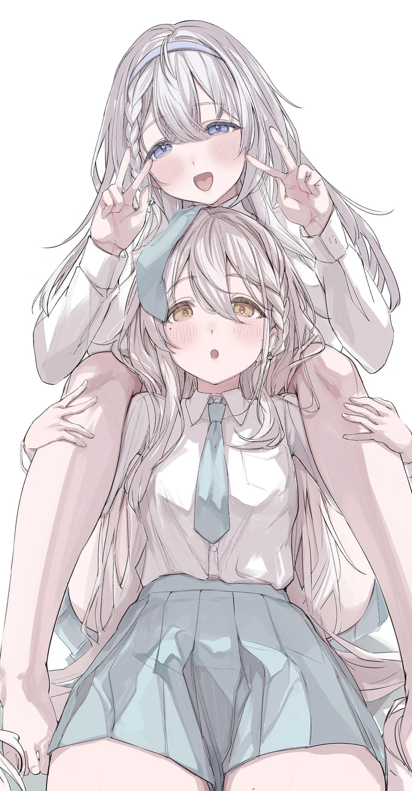 2girls :d :o absurdres barefoot between_legs blue_eyes blue_hairband blue_necktie blue_skirt braid brown_eyes collared_shirt double-parted_bangs double_v foot_out_of_frame grey_hair hair_between_eyes hairband hands_on_another's_leg heart heart_in_eye highres karya light_blush long_hair looking_at_viewer mole mole_under_eye multiple_girls necktie necktie_on_head original pleated_skirt school_uniform shirt shirt_tucked_in side_braid simple_background skirt smile symbol_in_eye toes v very_long_hair white_background white_hair white_shirt