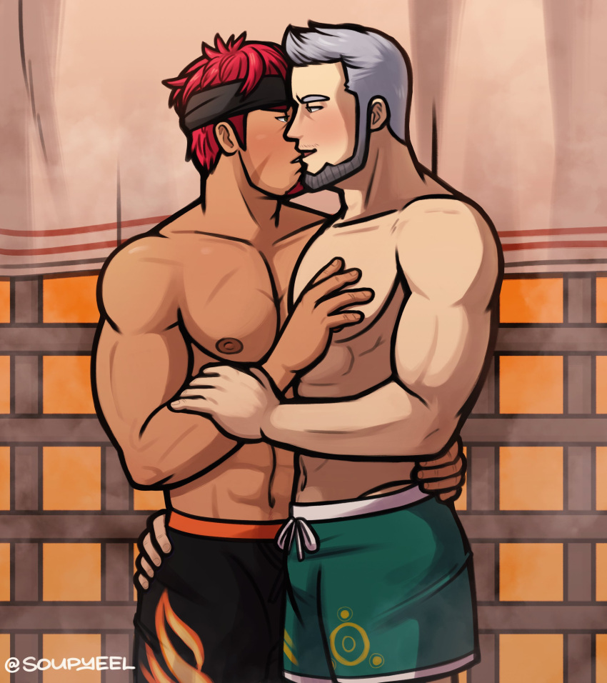 2boys abs absurdres arm_grab ass_grab bara bare_shoulders beard blush facial_hair gyee highres kiss looking_at_another male_focus male_swimwear master_(gyee) multiple_boys muscular muscular_male nipples pectorals red_hair scar scar_on_cheek scar_on_chest scar_on_face short_hair silver_hair soupyeel swim_trunks swimsuit swimwear touching