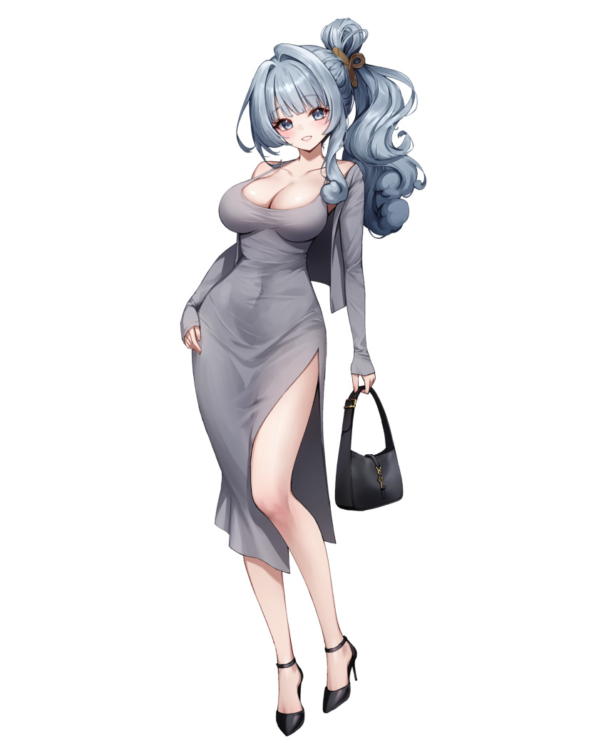 1girl :d ankkoyom bag black_footwear blush breasts closed_mouth collarbone covered_navel cropped_jacket dongtan_dress dress eversoul full_body full_moon grey_dress grey_eyes grey_hair grey_jacket hand_on_own_hip handbag high_heels highres jacket large_breasts long_hair long_sleeves meme_attire moon off_shoulder open_clothes open_jacket parted_lips pelvic_curtain side_ponytail simple_background single_bare_shoulder smile standing white_background white_dress