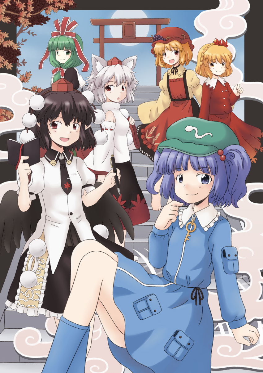 6+girls aki_minoriko aki_shizuha animal_ears apron blonde_hair blue_dress blue_eyes blue_hair bow dress front_ponytail fruit_hat_ornament green_eyes green_hair green_hat hair_bow hair_ribbon hat highres inubashiri_momiji kagiyama_hina kawashiro_nitori long_sleeves looking_at_viewer mountain_of_faith multicolored_hair multiple_girls pointy_ears puffy_long_sleeves puffy_sleeves red_apron red_bow red_eyes red_hat red_ribbon renzaoshen ribbon shameimaru_aya smile tokin_hat touhou two-tone_hair white_hair wolf_ears wolf_girl