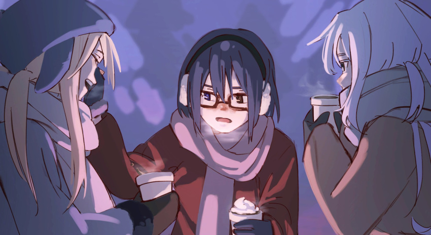 3girls black_hair blonde_hair blue_eyes breath brown_eyes closed_eyes coat coffee coffee_cup cup disposable_cup drink earmuffs egakuning glasses gloves grey_eyes heterochromia highres holding holding_cup holding_drink kamikoshi_sorawo kozakura_(urasekai_picnic) long_hair medium_hair multiple_girls nishina_toriko nose_pinch red_coat red_nose scarf semi-rimless_eyewear snow steam steam_from_mouth urasekai_picnic whipped_cream white_hair white_scarf winter_clothes winter_gloves yuri