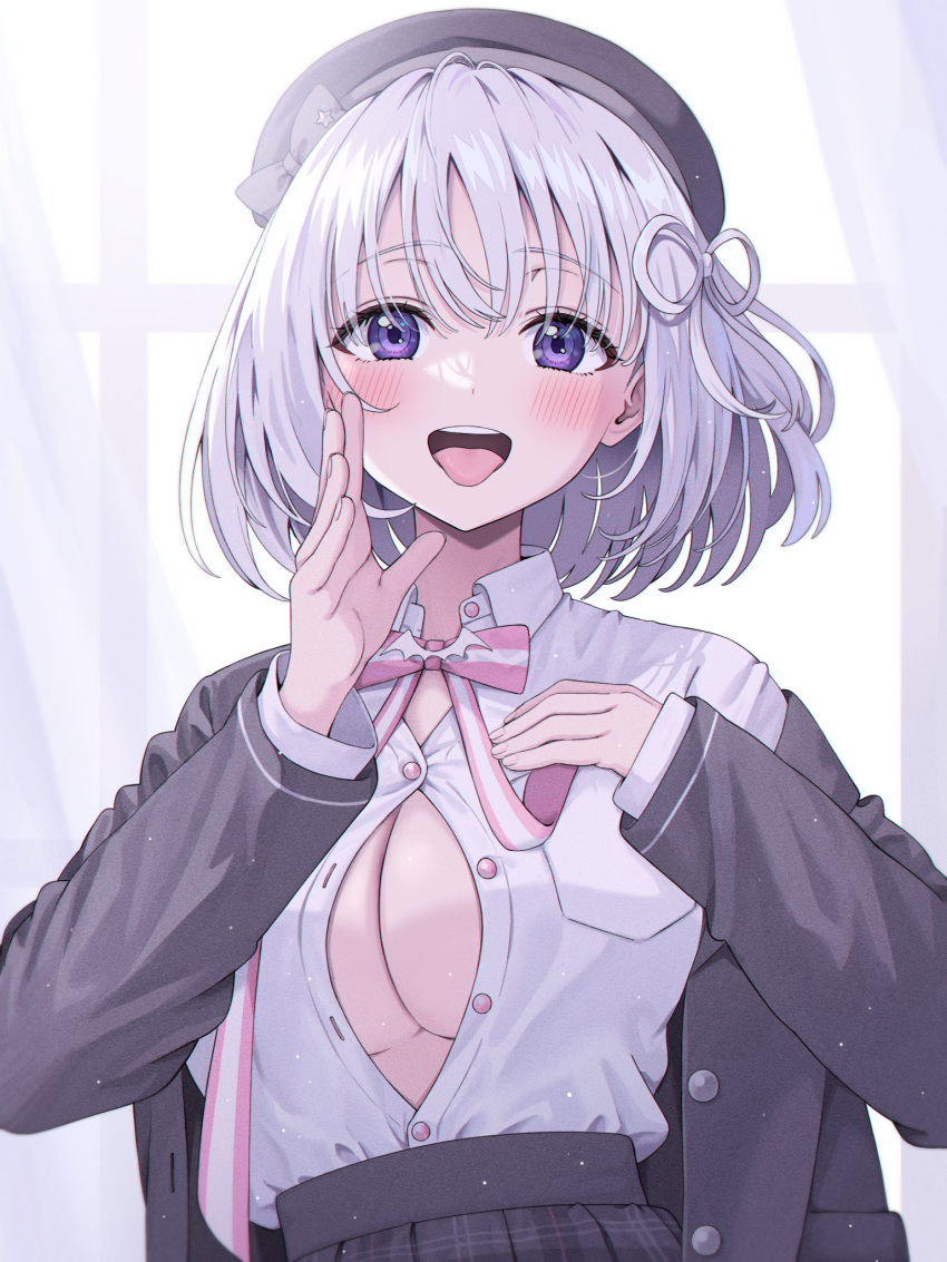 1girl :d bat_ornament breasts button_gap choppy_bangs cleavage collared_shirt commentary_request grey_hat grey_jacket grey_skirt hair_rings hand_on_own_chest hand_to_own_mouth hat high-waist_skirt highres indie_virtual_youtuber jacket large_breasts looking_at_viewer naito_mare_(vtuber) neck_ribbon ojyomu open_clothes open_jacket partially_unbuttoned pink_ribbon plaid plaid_skirt pleated_skirt purple_eyes purple_hair ribbon shirt short_hair skirt smile solo teeth tongue tongue_out upper_body upper_teeth_only virtual_youtuber white_shirt
