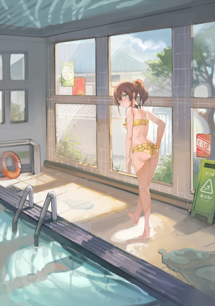 1girl absurdres ahoge ass back bare_arms bare_legs bikini brown_hair building ceiling commentary_request fence frilled_bikini frills full_body green_eyes hair_ornament hair_scrunchie highres hololive indoors looking_at_viewer looking_back mahou_io natsuiro_matsuri ponytail pool pool_ladder poolside reflection scrunchie solo standing swim_ring swimsuit tree virtual_youtuber window yellow_bikini