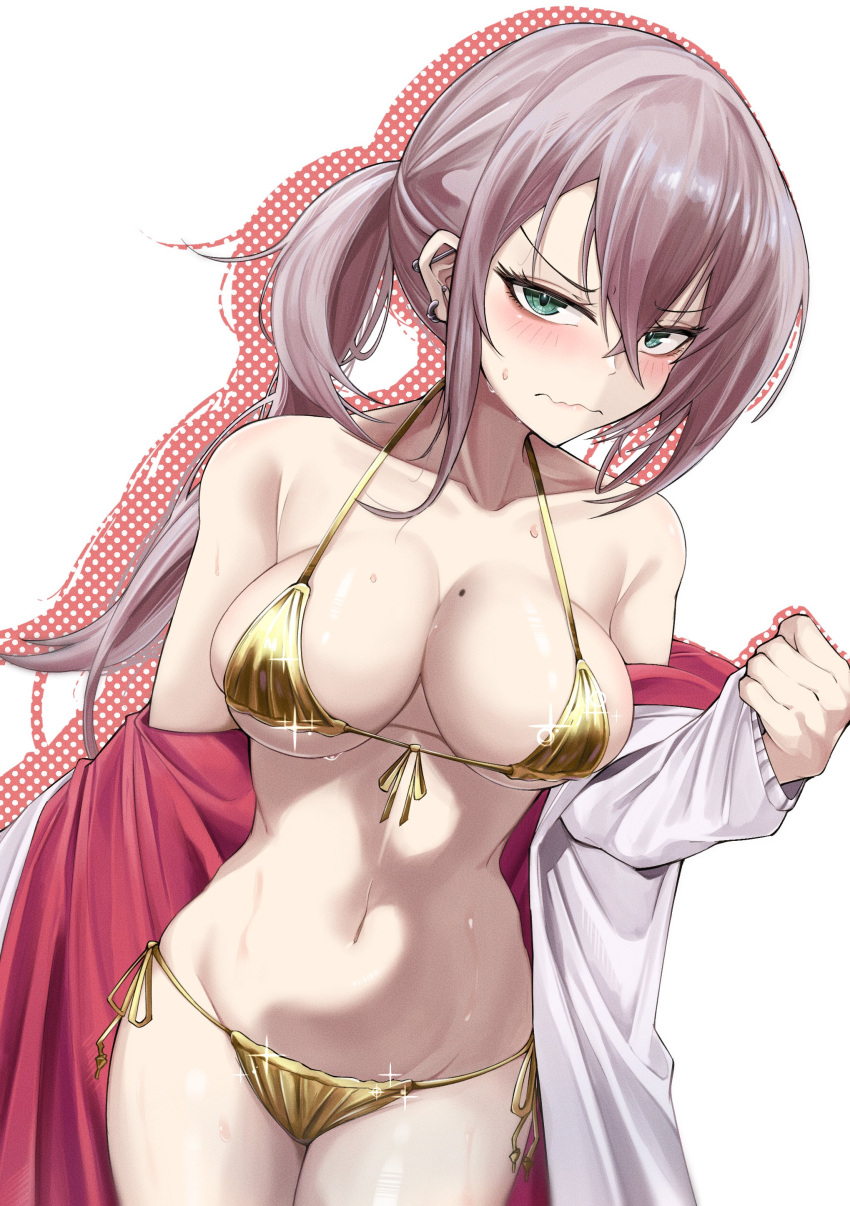 1girl absurdres aqua_eyes ar-57_(girls'_frontline) bare_shoulders bikini blush breasts collarbone commentary_request cowboy_shot ear_piercing embarrassed front-tie_bikini_top front-tie_top girls'_frontline gold_bikini golden_week hair_between_eyes highres jacket kuzumotsu large_breasts long_hair looking_at_viewer mole mole_on_breast navel piercing pink_hair ponytail purple_bikini shiny_swimsuit side-tie_bikini_bottom sidelocks solo stomach sweat sweatdrop swimsuit thighs undressing wavy_mouth white_jacket