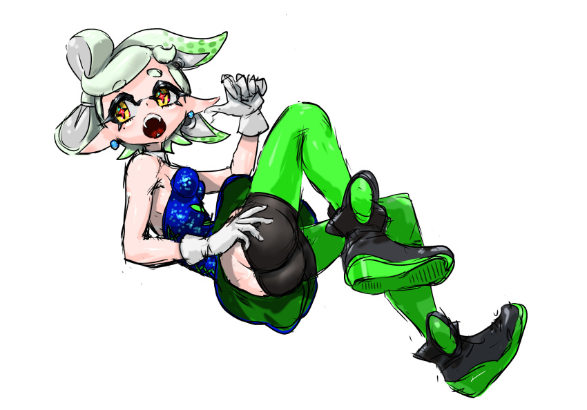 1girl ankle_boots ass bare_shoulders black_footwear blue_dress boots bow-shaped_hair breasts butt_crack cross-shaped_pupils detached_collar dress earrings full_body gloves green_hair green_pantyhose highres inkling jewelry koharu2.5 marie_(splatoon) pantyhose pointy_ears red_pupils short_dress short_eyebrows short_hair shorts_under_dress simple_background small_breasts solo splatoon_(series) splatoon_1 strapless strapless_dress suction_cups symbol-shaped_pupils tentacle_hair white_background white_gloves yellow_eyes
