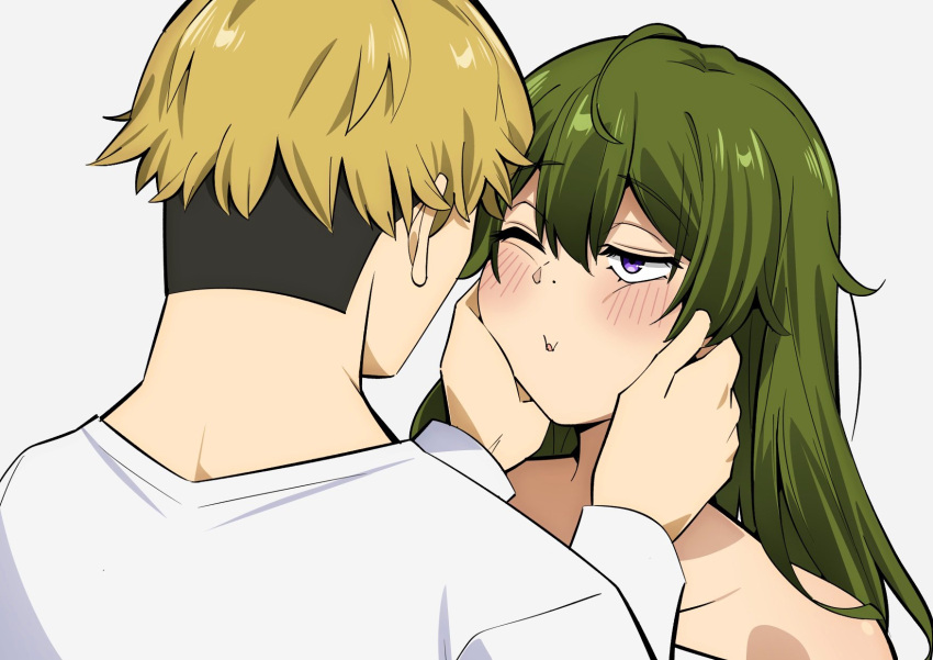 1boy 1girl blonde_hair blush cheek_pinching commentary eyelashes green_hair hair_down hands_on_another's_cheeks hands_on_another's_face hands_up highres jitome land_(sousou_no_frieren) long_hair long_sleeves one_eye_closed pinching puckered_lips purple_eyes sakura_1110ssmm shirt short_hair simple_background sousou_no_frieren ubel_(sousou_no_frieren) upper_body white_background white_shirt