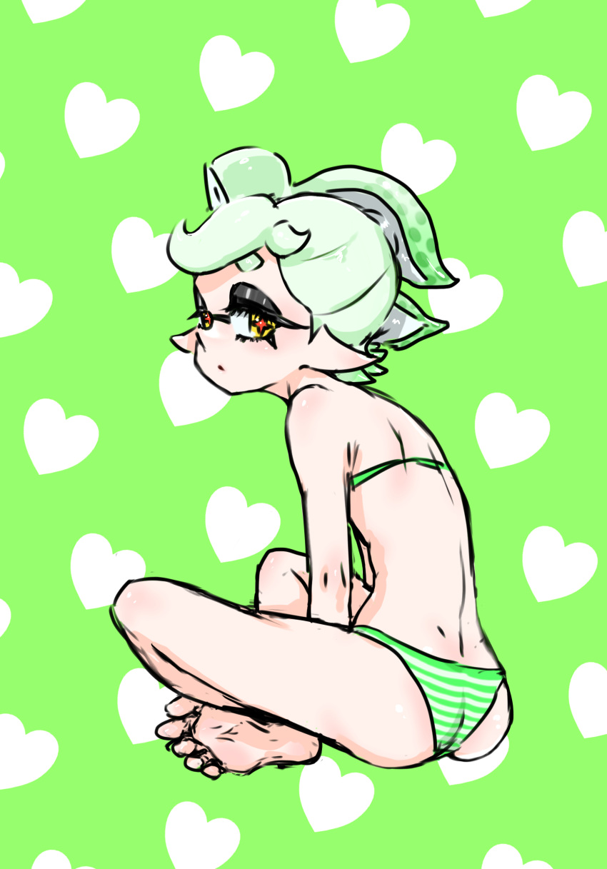 1girl ass bare_legs bare_shoulders barefoot bikini bow-shaped_hair closed_mouth cross-shaped_pupils dimples_of_venus full_body green_hair half-closed_eyes heart heart_background highres indian_style inkling koharu2.5 marie_(splatoon) pointy_ears red_pupils short_hair sitting solo splatoon_(series) striped_bikini striped_clothes swimsuit symbol-shaped_pupils tentacle_hair yellow_eyes