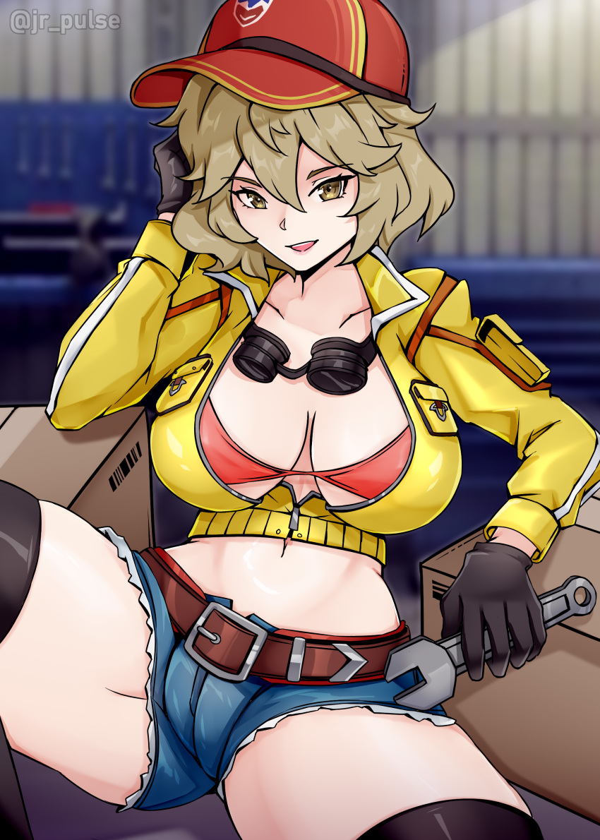 1girl absurdres baseball_cap blonde_hair bra breasts cindy_aurum cleavage cropped_jacket denim denim_shorts final_fantasy final_fantasy_xv gloves goggles goggles_around_neck hat highres jacket jrpulse large_breasts short_hair short_shorts shorts solo spread_legs thighs underwear wrench yellow_jacket