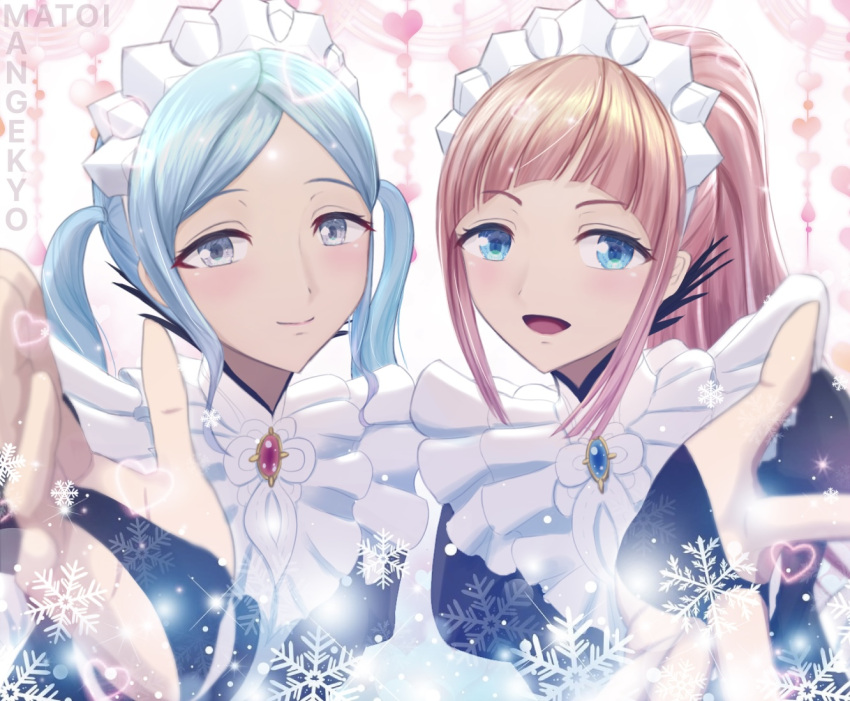 :d artist_name black_dress blue_eyes blue_hair bridal_gauntlets dress felicia_(fire_emblem) fire_emblem fire_emblem_fates flora_(fire_emblem) grey_eyes heart long_sleeves looking_at_viewer maid maid_headdress matoimangekyo open_mouth pink_hair ponytail siblings sisters smile snowflakes twins twintails upper_body white_headdress