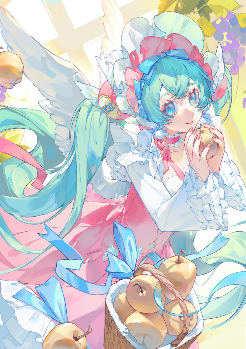 1girl absurdres apple basket blue_eyes blue_hair blue_ribbon collar dress feathered_wings food fruit hat hatsune_miku highres holding holding_food holding_fruit kako_(pixiv77158173) long_hair looking_at_viewer pink_collar pink_dress pink_hat pink_nails ponytail ribbon smile solo twintails very_long_hair vocaloid white_wings wings