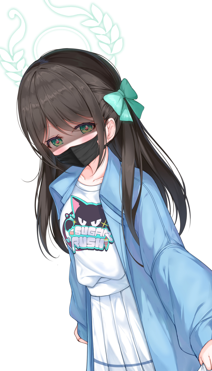 1girl absurdres airi_(band)_(blue_archive) airi_(blue_archive) black_hair black_mask blue_archive blue_jacket blush collarbone green_eyes green_halo halo highres jacket jin_tian_xiang_dian_sha long_hair long_sleeves looking_at_viewer mask mouth_mask official_alternate_costume open_clothes open_jacket pleated_skirt shirt simple_background skirt solo white_background white_shirt white_skirt