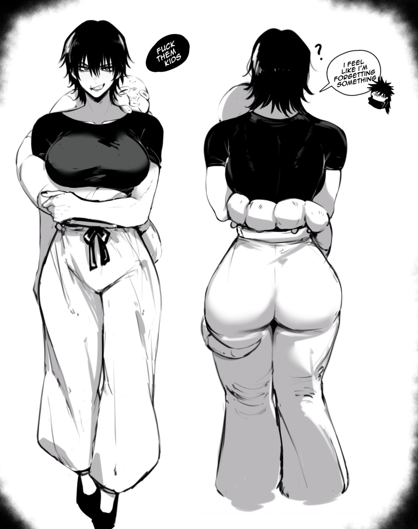 1boy 1girl ? absurdres ass breasts english_text fushiguro_megumi fushiguro_touji genderswap greyscale highres jujutsu_kaisen large_breasts masoq medium_hair monochrome muscular pants scar scar_on_face scar_on_mouth speech_bubble white_pants worm