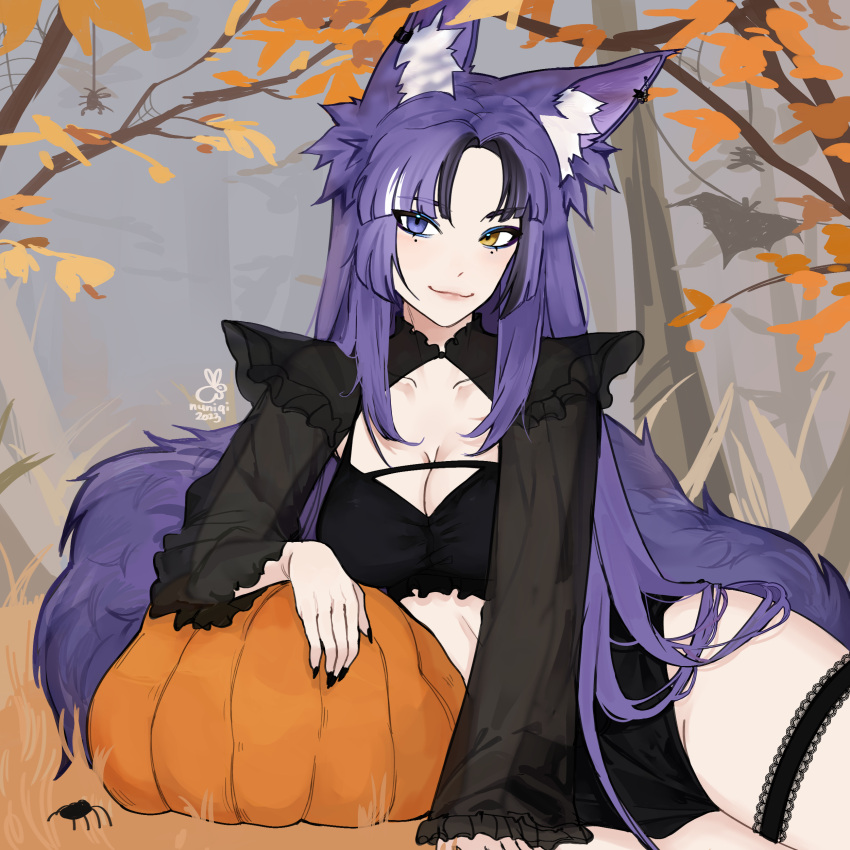 1girl absurdres animal_ear_fluff animal_ears artist_name awful_queen_(vtuber) bad_source breasts bug fox_ears fox_girl halloween heterochromia highres indie_virtual_youtuber large_breasts looking_at_viewer mole mole_under_eye monster_girl nuniqicha pumpkin purple_hair solo spider