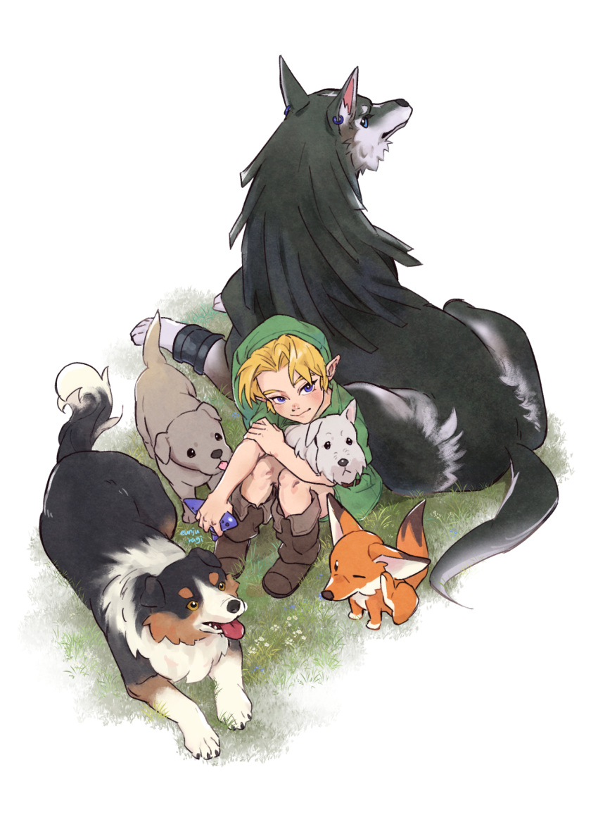 ambiguous_gender boots canid canine canis clothing domestic_dog ear_piercing elf eunjuragi feral footwear fox fur group hi_res humanoid humanoid_pointy_ears hylian light_body light_skin link_(wolf_form) male mammal nintendo ocarina_of_time piercing simple_background the_legend_of_zelda twilight_princess wolf young_link