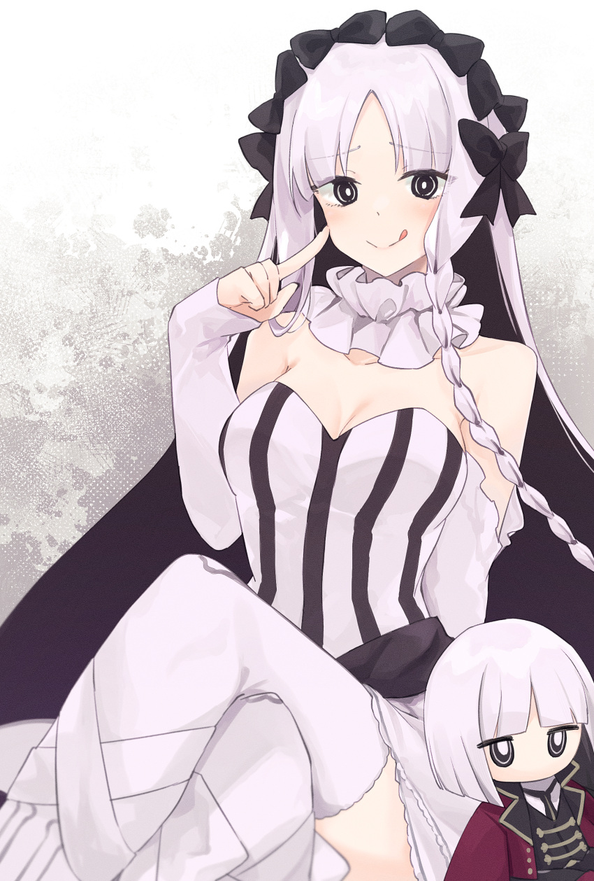 1girl :q absurdres black_bow black_eyes black_hair bow breasts character_doll cleavage colored_inner_hair commentary_request crossed_legs detached_sleeves fate/strange_fake fate_(series) francesca_prelati_(fate) francois_prelati_(fate) hair_bow highres index_finger_raised kotake_8 long_hair looking_at_viewer medium_breasts multicolored_hair pantyhose sleeves_past_wrists smile solo tongue tongue_out two-tone_hair white_pantyhose