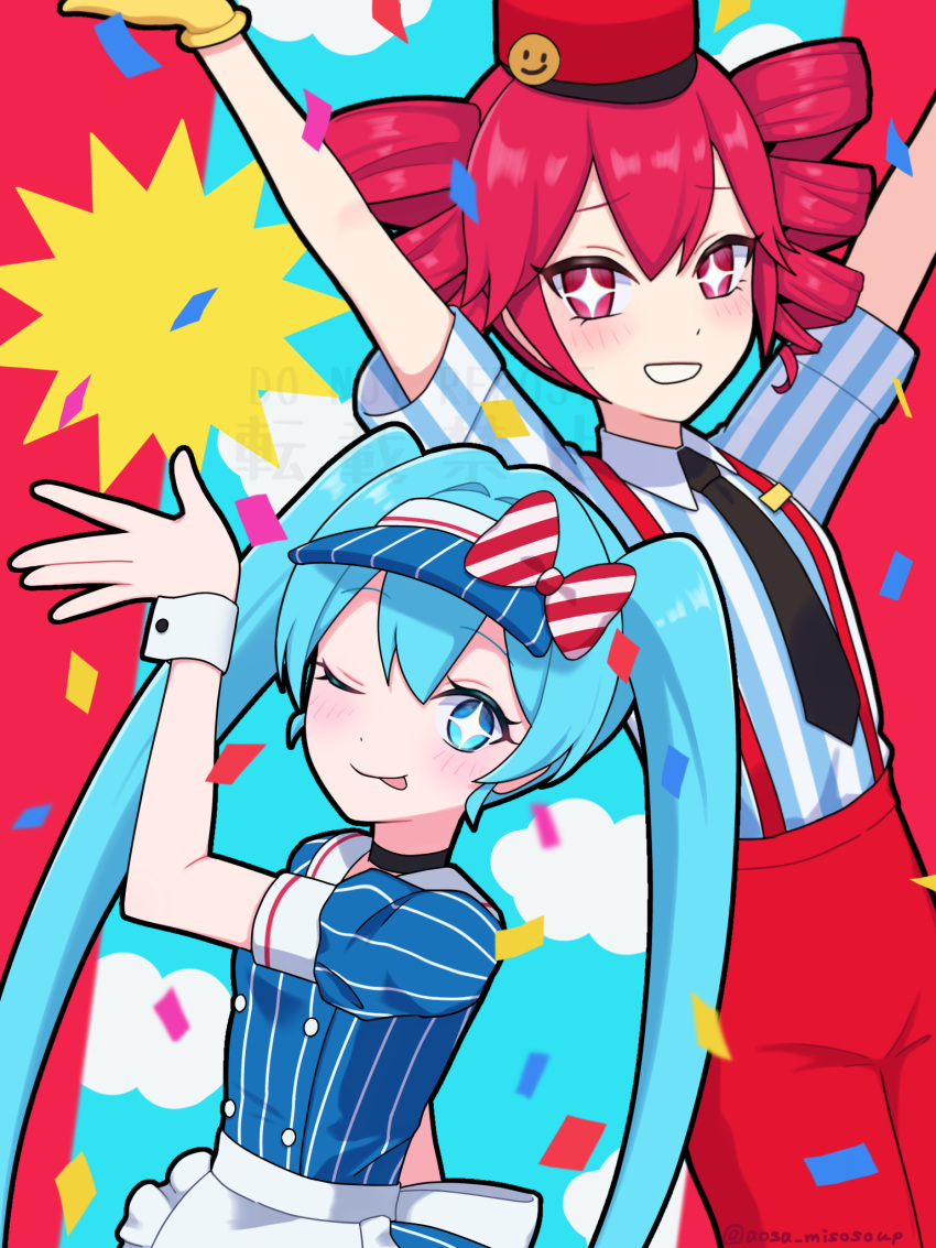 +_+ aosa_misosoup apron arms_up blue_eyes blue_hair blush choker collared_shirt drill_hair gloves grin hat hatsune_miku highres kasane_teto long_hair looking_at_viewer mesmerizer_(vocaloid) necktie one_eye_closed pink_eyes pink_hair shirt short_sleeves smile suspenders tongue tongue_out twin_drills twintails utau very_long_hair visor_cap vocaloid waist_apron wrist_cuffs