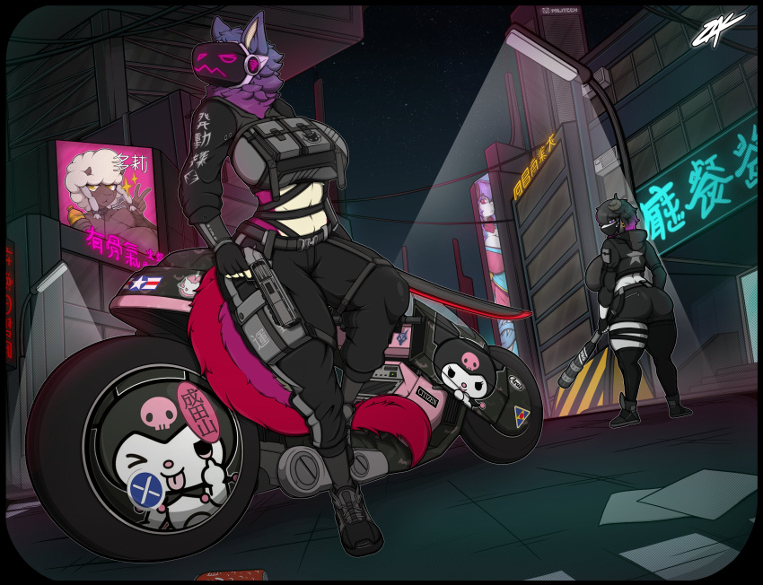 absurd_res akira_(film) anthro big_breasts black_hair bottomwear bovid breasts butt caprine city city_background clothing cyberpunk_2077 dolly_(jiqqy) duo female fur goat hair hi_res horn jacket kuromi mammal onegai_my_melody pants purple_body purple_fur sanrio sheep tai_(zak_hitsuji) topwear weapon white_body zak_hitsuji