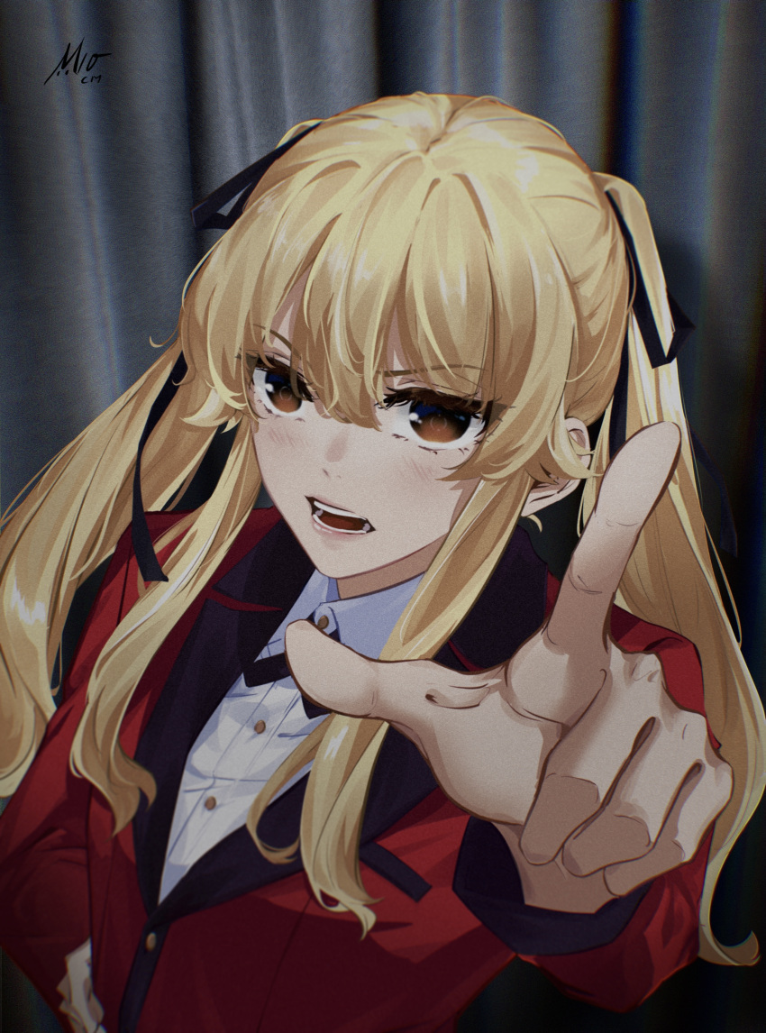 1girl absurdres angry blazer blush border camera character_signature hand_on_own_hip highres hyakkaou_academy_school_uniform jacket kakegurui long_hair looking_at_viewer m10cmdesu open_mouth polaroid red_suit saotome_mary school_uniform selfie shirt simple_background solo suit twintails white_border