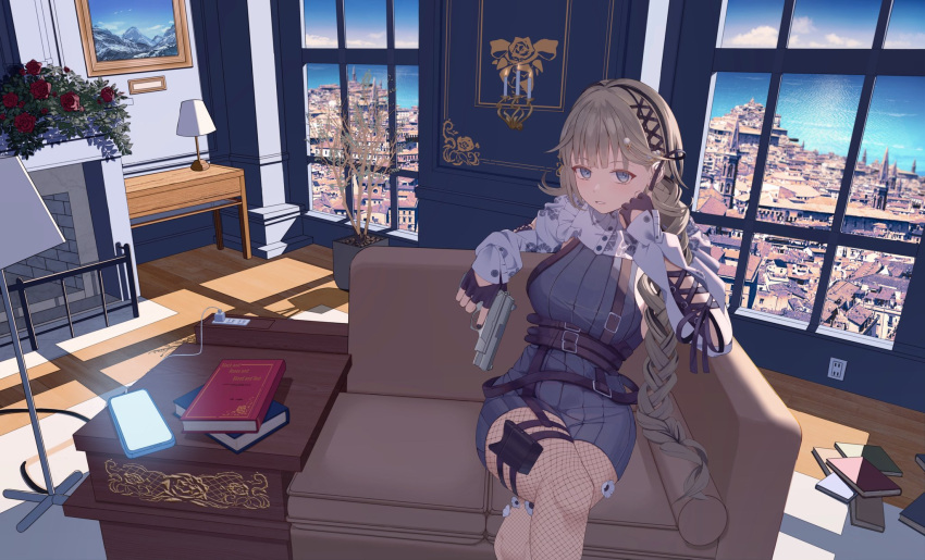 1girl arm_cutout black_gloves blonde_hair blue_dress blue_eyes blunt_bangs blush book book_stack candle cattleya_regina_games cellphone charger chest_harness choppy_bangs couch crossed_legs day dot_nose dress feet_out_of_frame fingerless_gloves fireplace fishnet_pantyhose fishnets floor_lamp gloves gun hanabusa_lisa hand_on_own_cheek hand_on_own_face handgun harness head_rest highres holding holding_gun holding_weapon holster indoors long_hair long_sleeves looking_at_viewer low-braided_long_hair low-tied_long_hair maria_onnette painting_(object) pantyhose parted_lips phone ribbed_dress rug screen_light sidelocks sitting smartphone solo teeth thigh_holster virtual_youtuber vspo! weapon white_shrug window window_shadow