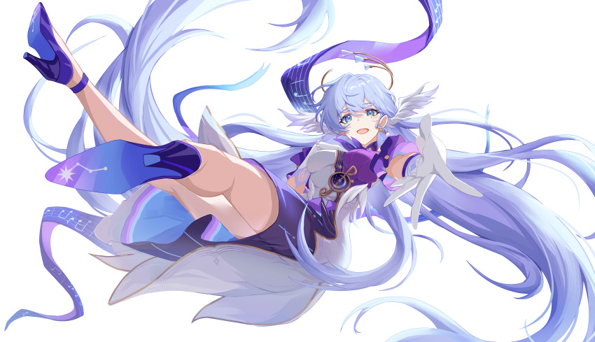 1girl :d absurdres aqua_eyes bead_bracelet beads bird bracelet bupa_chila detached_sleeves dress earrings floating_hair full_body gloves halo hand_on_own_chest head_wings high_heels highres honkai:_star_rail honkai_(series) jewelry long_hair looking_at_viewer musical_note open_mouth outdoors purple_dress purple_footwear reaching reaching_towards_viewer robin_(honkai:_star_rail) short_sleeves simple_background smile two-tone_dress white_background white_dress white_gloves wings