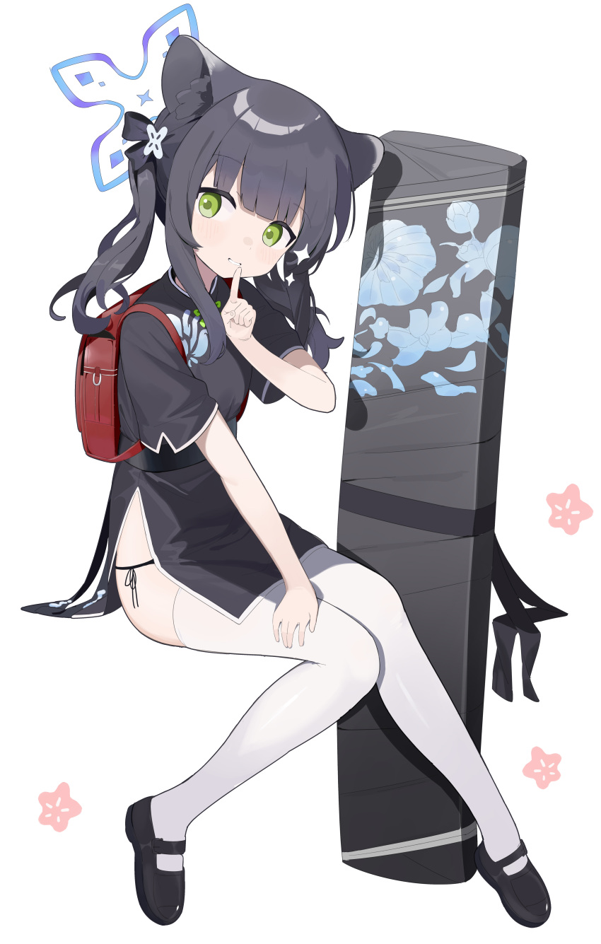 1girl absurdres animal_ear_fluff animal_ears backpack bag black_dress black_footwear black_hair black_panties blue_archive blue_halo blush dress full_body green_eyes halo haruteru highres index_finger_raised looking_at_viewer medium_hair panties randoseru shoes short_sleeves shun_(blue_archive) shun_(small)_(blue_archive) side-tie_panties sidelocks simple_background smile solo thighhighs thighs twintails underwear white_background white_thighhighs