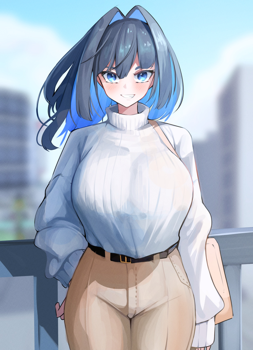 1girl absurdres arm_at_side bag belt black_hair blue_eyes blue_hair blurry blurry_background blush breasts brown_pants city colored_inner_hair commentary cowboy_shot depth_of_field grin hair_intakes hand_on_own_hip handbag hell.k highres hololive hololive_english korean_commentary large_breasts long_hair long_sleeves looking_at_viewer multicolored_hair ouro_kronii outdoors pants ribbed_sweater smile solo sweater turtleneck turtleneck_sweater virtual_youtuber white_sweater