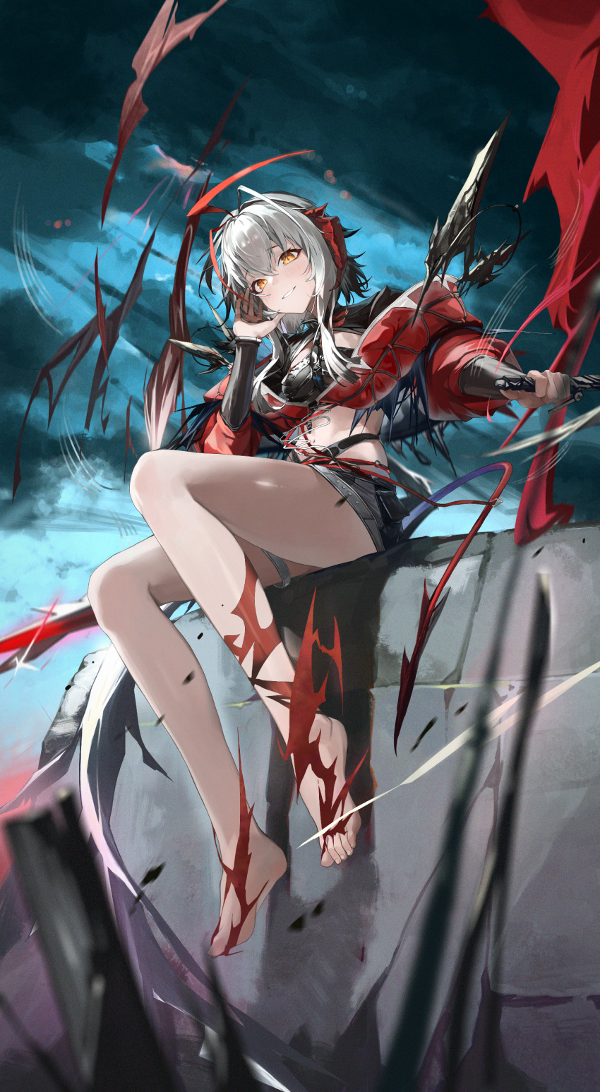 1girl absurdres antennae arknights barefoot black_shorts blue_sky blush breasts cloud crop_top cross-shaped_pupils demon_girl demon_horns demon_tail dot_nose feng_zhe_(user_jnxf3524) film_grain full_body grey_hair grin hair_intakes highres horns jacket long_hair looking_at_viewer medium_breasts midriff navel open_clothes open_jacket outdoors red_horns red_jacket short_shorts shorts sidelocks sky smile solo symbol-shaped_pupils tail teeth thighs w_(arknights) wis'adel_(arknights) yellow_eyes