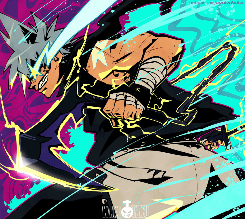 +_+ 1boy bandaged_hand bandaged_wrist bandages black_star blue_background blue_hair english_commentary highres holding holding_weapon incoming_attack male_focus profile purple_background shirt short_hair sleeveless sleeveless_shirt smile soul_eater taku_(aywakutakuay) two-tone_background weapon