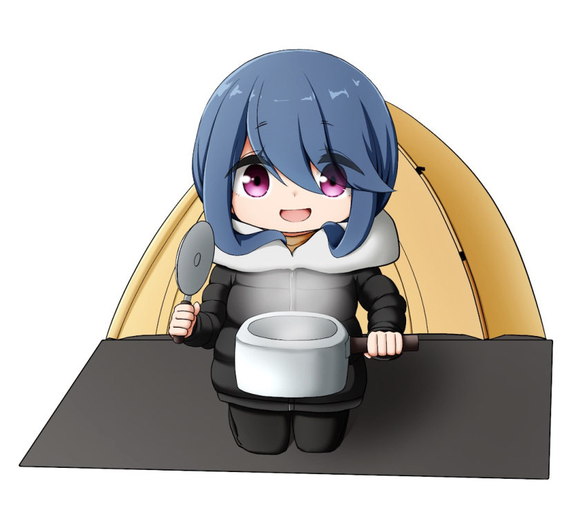 1girl :d black_jacket black_pants blue_hair brown_shirt chibi eyes_visible_through_hair full_body hair_between_eyes holding hood hood_down hooded_jacket jacket kneeling kuena long_hair pants purple_eyes shima_rin shirt simple_background smile solo steam tent white_background yurucamp