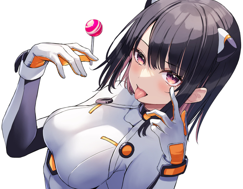 1girl akanbe ao_no_neko black_hair blush bodysuit breasts candy eyelid_pull food hairpods highres holding holding_candy holding_food holding_lollipop lollipop looking_at_viewer medium_breasts original pilot_suit red_eyes simple_background solo tongue tongue_out upper_body white_background white_bodysuit