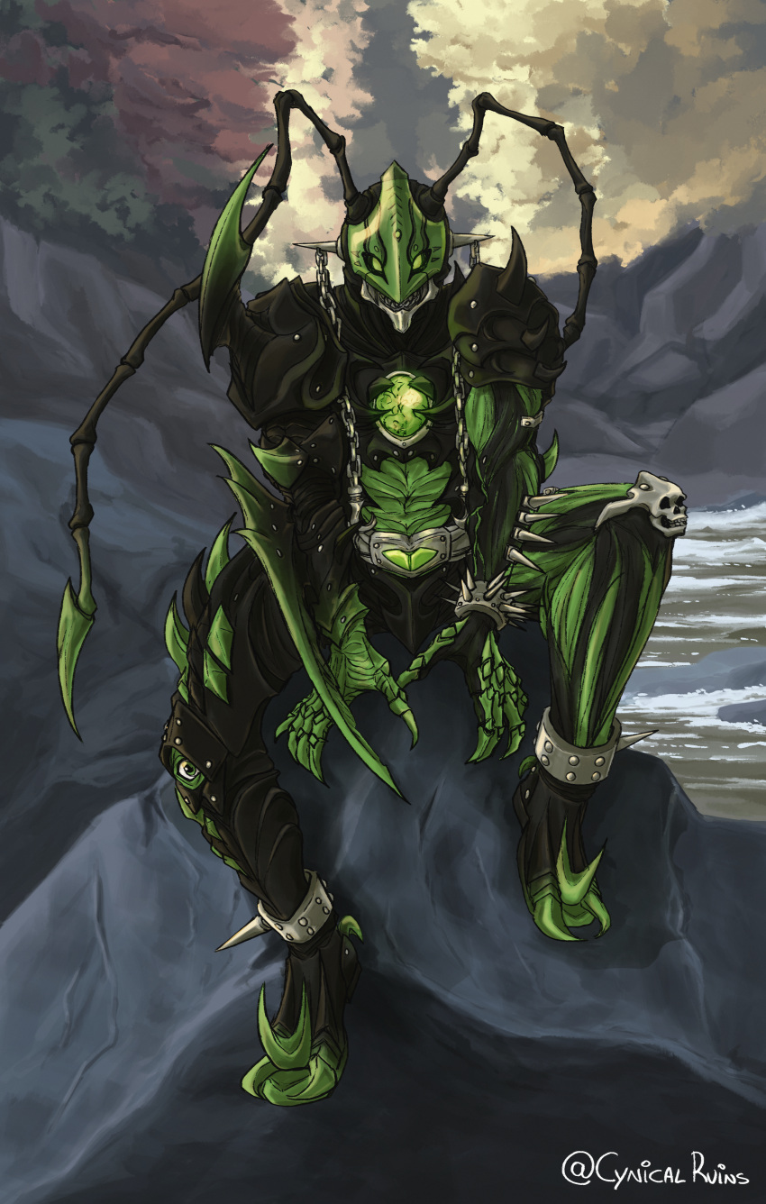 1boy absurdres antennae armor aurora_(cynicalruins) bracelet claws colored_skin green_eyes green_skin highres jewelry joker_(blade) kaijin kamen_rider kamen_rider_blade_(series) looking_at_viewer monster no_humans outdoors shoulder_armor sitting spiked spiked_bracelet spikes tokusatsu twitter_username