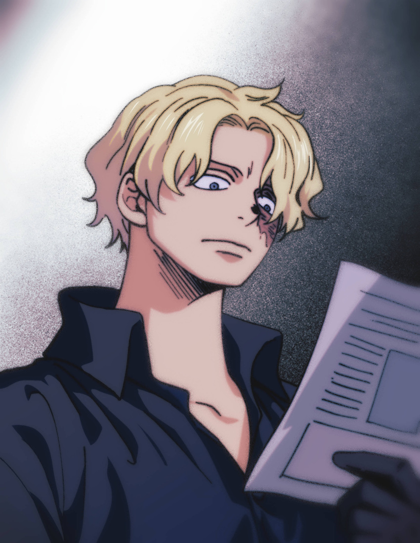 1boy absurdres black_shirt blonde_hair close-up closed_mouth collared_shirt ezui from_below gloves highres holding holding_paper looking_down male_focus one_piece paper sabo_(one_piece) scar scar_on_face shirt short_hair solo upper_body