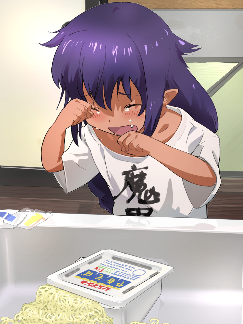 1girl black_hair blush clenched_hands clothes_writing commentary_request crying dark-skinned_female dark_skin failure fang food hair_between_eyes hair_flaps highres indoors instant_soba jahy jahy-sama_wa_kujikenai! kyarahiba long_hair noodles open_mouth pointy_ears rubbing_eyes shirt short_sleeves sink solo t-shirt tatami tears upper_body white_shirt yakisoba_spill