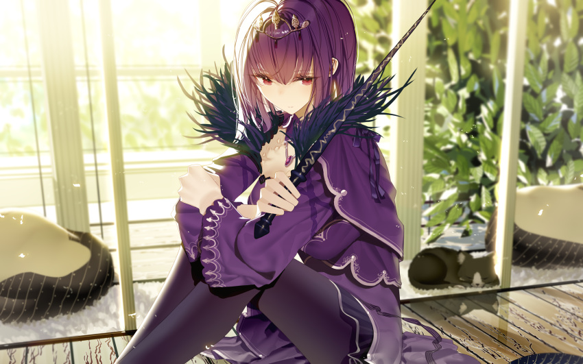 1girl atha_(leejuiping) black_pantyhose cat dress fate/grand_order fate_(series) feather_trim highres holding holding_wand long_hair long_sleeves pantyhose purple_dress purple_hair red_eyes scathach_(fate) scathach_skadi_(fate) sitting solo tiara wand