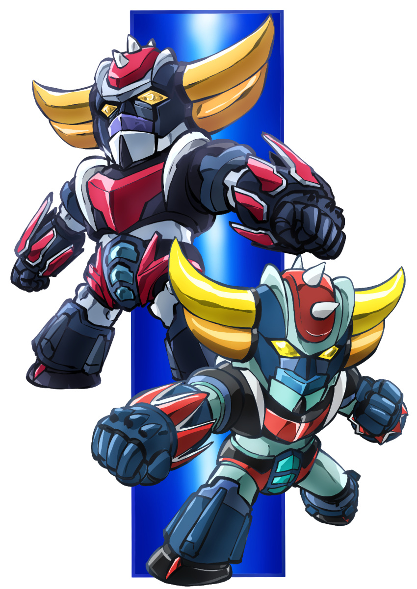 character_request chibi clenched_hands dual_persona grendizer grendizer_(grendizer_u) grendizer_u highres horns looking_at_viewer mazinger_(series) mecha mecha_focus nagai_gou_(style) no_humans redesign retro_artstyle robot science_fiction super_robot taiga_hiroyuki ufo_robo_grendizer weapon yellow_eyes