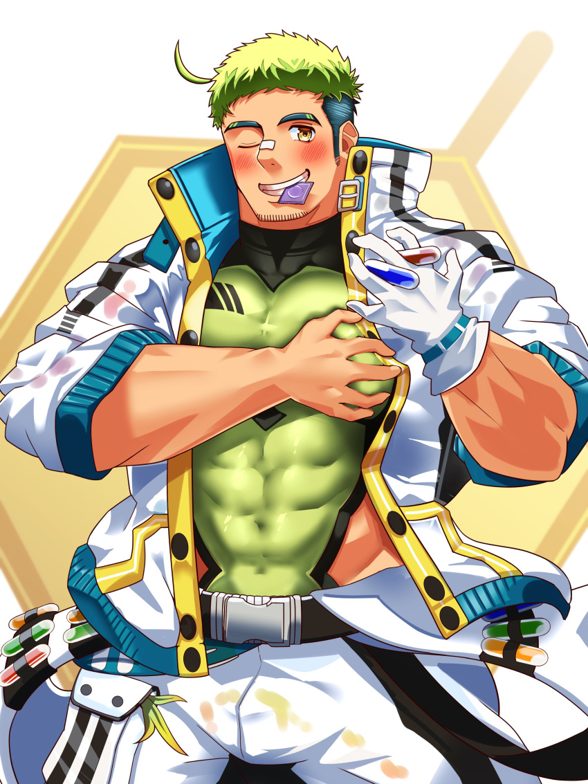 1boy absurdres ahoge bandaid bandaid_on_face bandaid_on_nose bara belt black_hair blush capsule clothing_cutout condom condom_in_mouth covered_abs crave_saga facial_hair gloves goatee_stubble grabbing_own_pectoral green_hair grin high_collar highres holding hygieios_(crave_saga) jacket jumpsuit large_pectorals male_focus mouth_hold multicolored_hair muscular muscular_male one_eye_closed open_jumpsuit paint_on_clothes pectorals pouch short_hair side_cutout single_glove skin_tight sleeves_rolled_up smile solo stubble two-tone_eyebrows two-tone_hair white_gloves white_jacket white_jumpsuit xiongxiongood