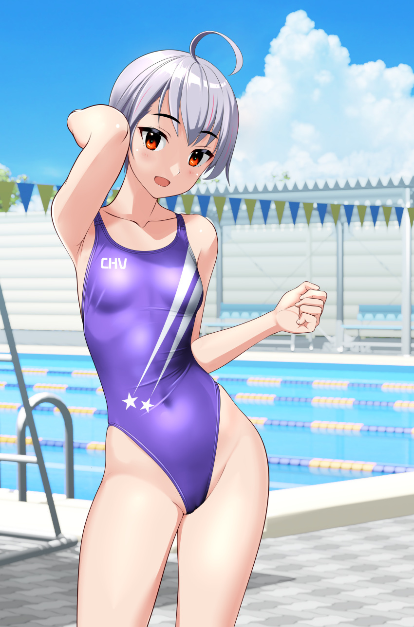 1girl absurdres ahoge blue_sky breasts clothes_writing cloud commentary_request competition_swimsuit contrapposto covered_navel day grey_hair highleg highleg_swimsuit highres lane_line one-piece_swimsuit original outdoors pool pool_ladder poolside purple_one-piece_swimsuit red_eyes short_hair sky small_breasts smile solo string_of_flags swimsuit takafumi tomboy variant_set