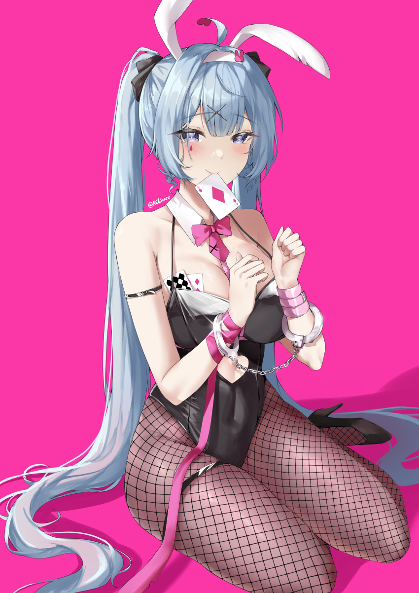 1girl absurdres animal_ears aqua_hair bare_shoulders black_leotard blue_eyes breasts card fake_animal_ears hair_ornament hairband hatsune_miku highres leotard long_hair looking_at_viewer medium_breasts mouth_hold pantyhose playboy_bunny rabbit_ears rabbit_hole_(vocaloid) rilianez smile solo twintails very_long_hair vocaloid white_hairband wrist_cuffs x_hair_ornament