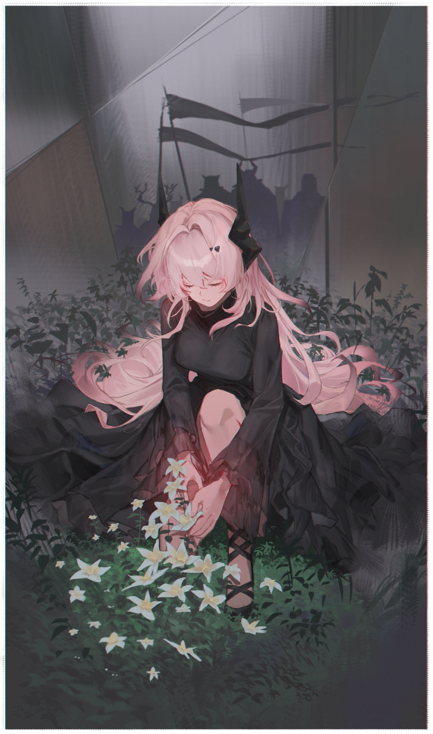 1girl absurdres arknights black_dress black_footwear breasts commentary_request danzir dress flower full_body hair_between_eyes hair_intakes highres horns long_hair long_sleeves medium_breasts on_one_knee pennant pink_hair plant shoes solo theresa_(arknights) very_long_hair white_flower wide_sleeves